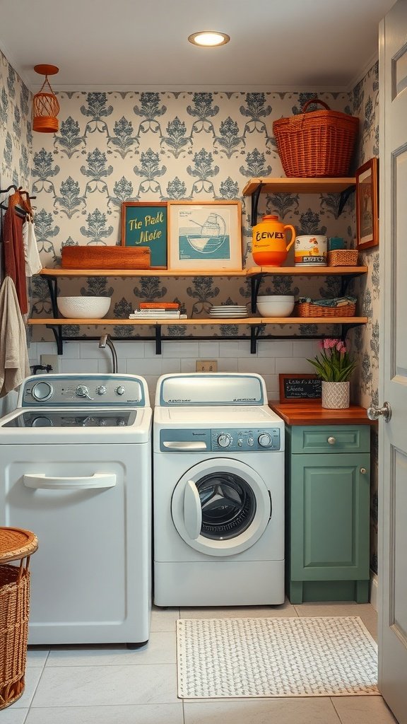 A vintage-inspired laundry room with a stacked washer and dryer, decorative shelves, and charming accessories.