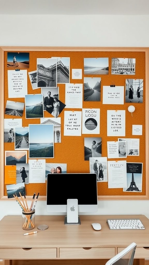 A vision board filled with photos and inspirational quotes in a feminine home office.