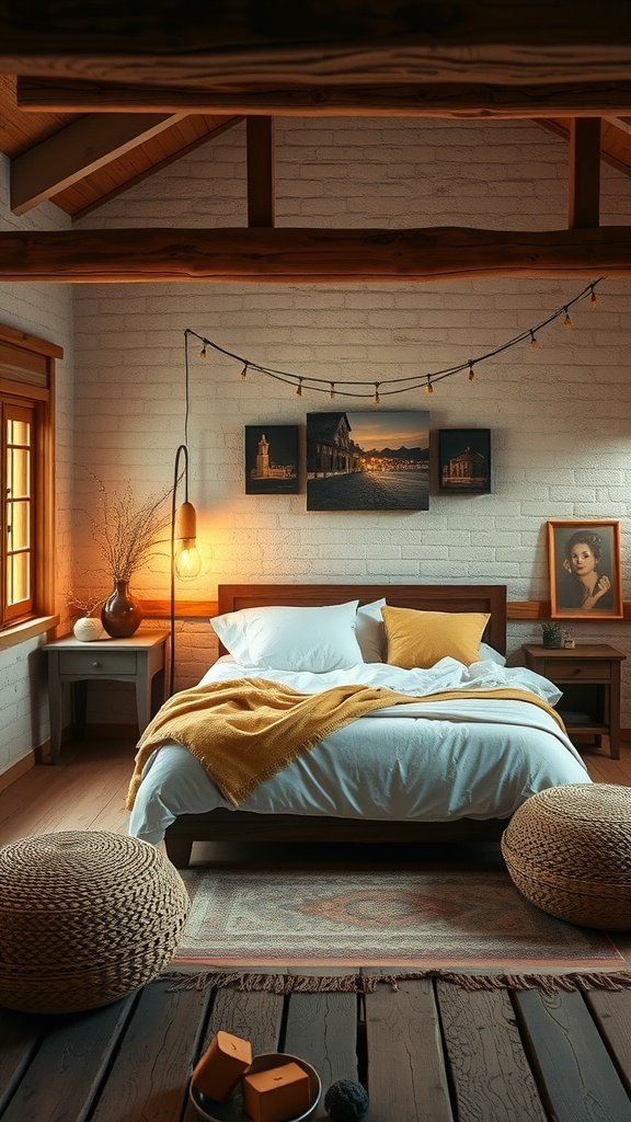 A cozy rustic bedroom with wooden beams, soft lighting, and warm decor.