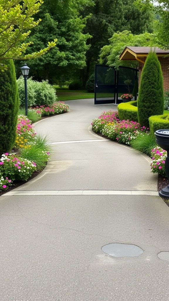 Curved driveway with flowers and greenery on both sides, leading to a welcoming entrance.