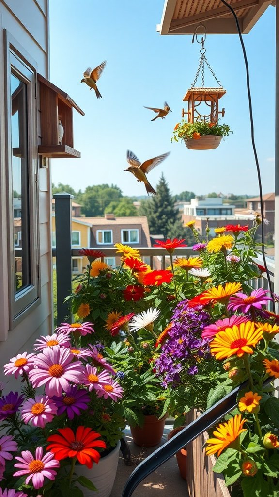 A vibrant balcony garden with colorful flowers and birds flying around.