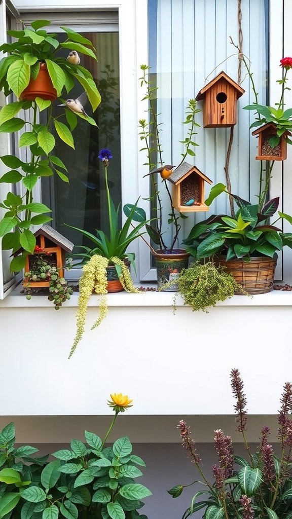 A balcony garden with potted plants and birdhouses, showcasing a vibrant wildlife-friendly space.