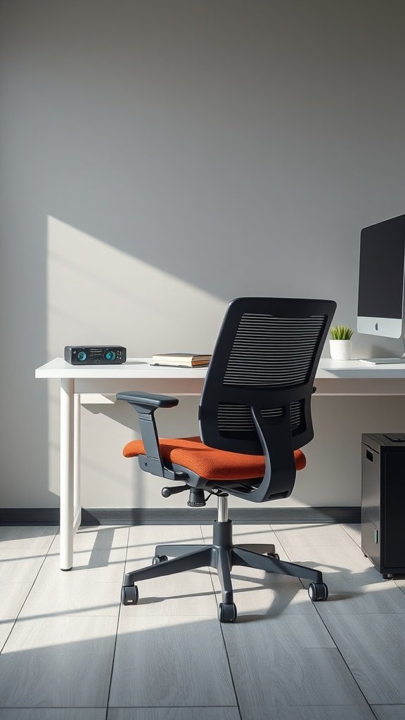 A modern office setup with a comfortable chair and desk.