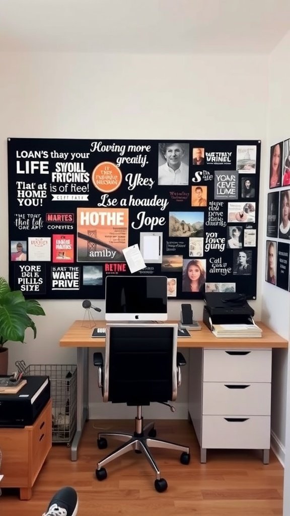 A cozy home office setup featuring a vision board filled with motivational quotes and images.