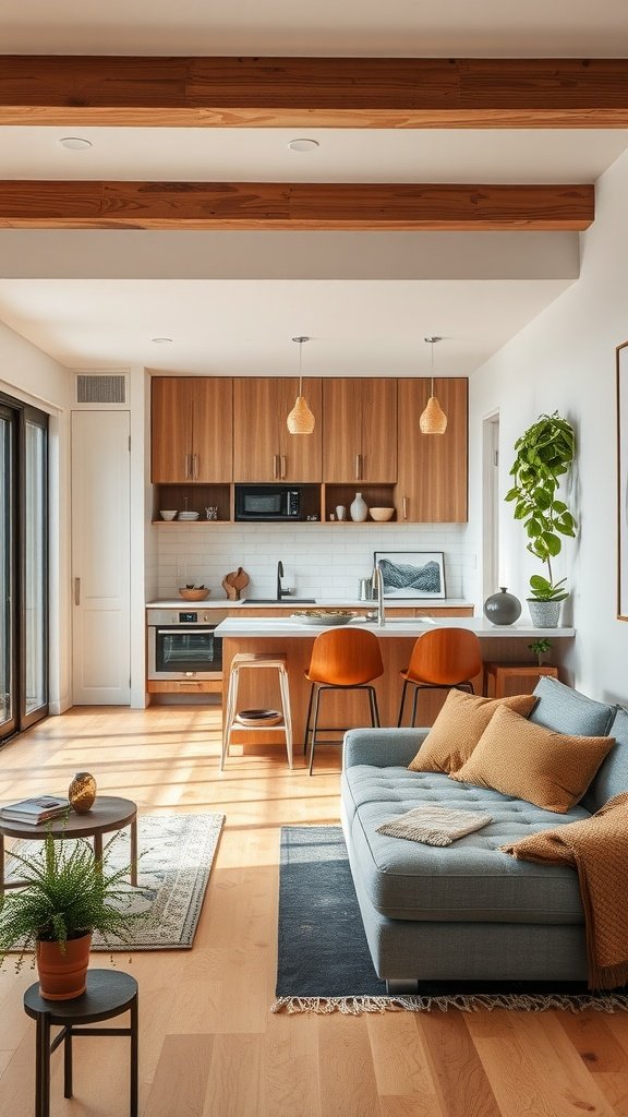 A cozy open-concept kitchen and living area with modern design elements.