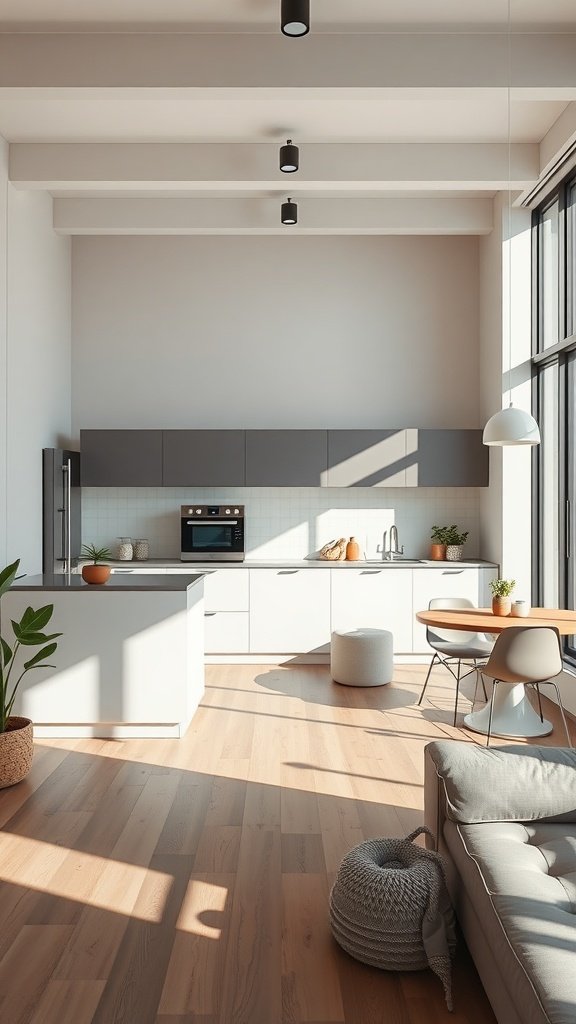 A modern open kitchen layout with sleek cabinetry and a cozy dining area.