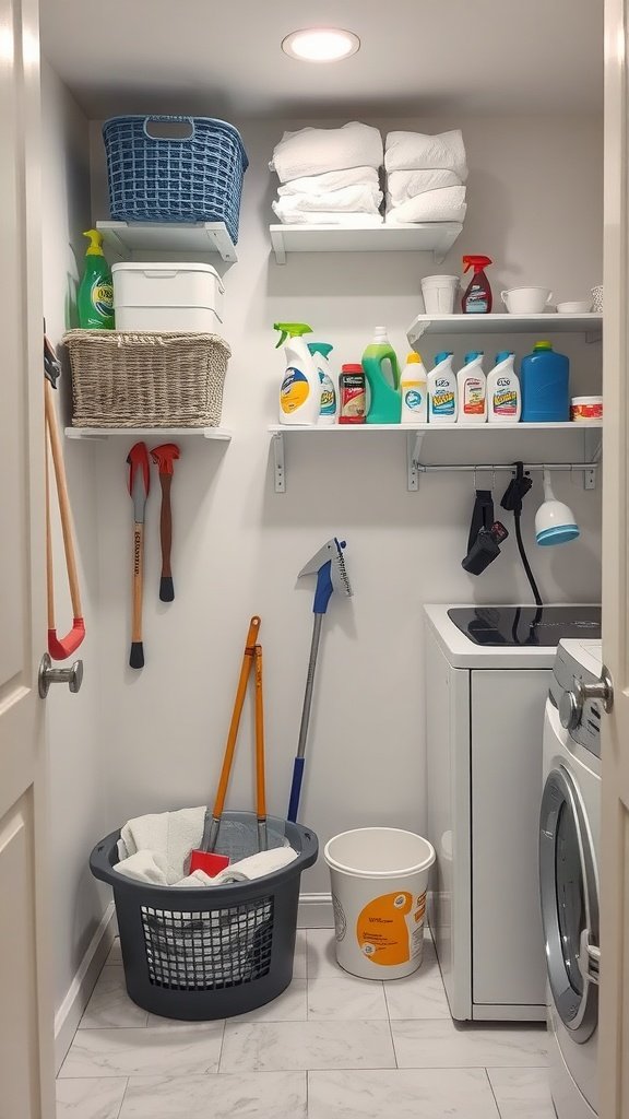 A compact laundry room featuring organized cleaning supplies on shelves, a washer, and a basket of laundry.