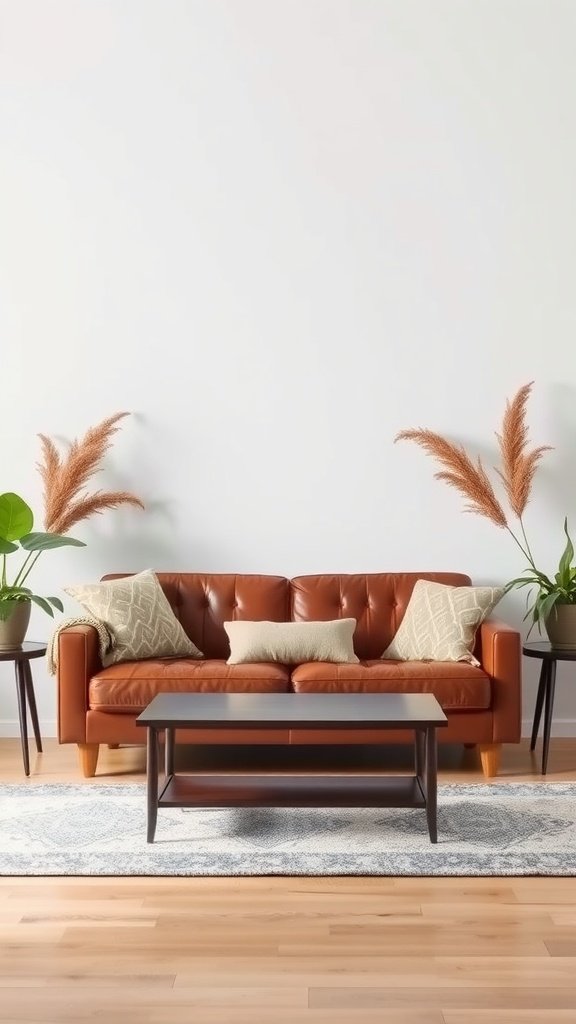 Stylish living room featuring a brown leather couch with decorative pillows, a coffee table, and plants.