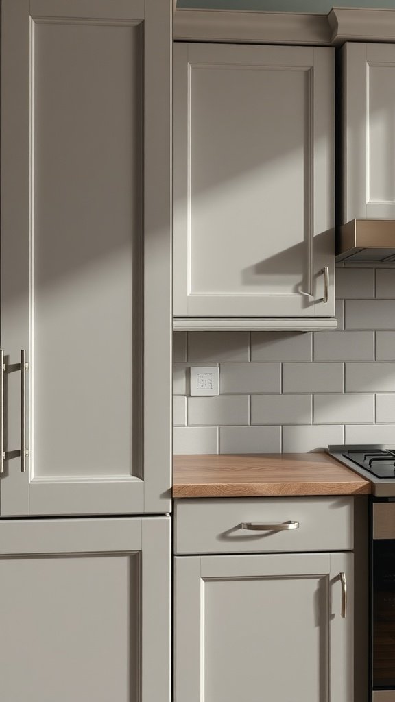 Tan lower cabinets with white upper kitchen cabinets showcasing a two-toned design.