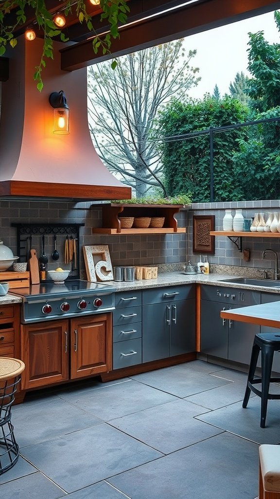A stylish outdoor kitchen featuring modern appliances and rustic elements, ideal for cooking and dining.