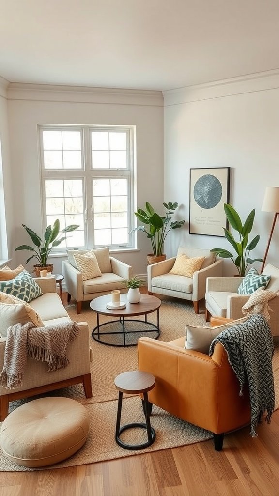 A cozy living room setup with comfortable seating and plants, ideal for intimate conversations.