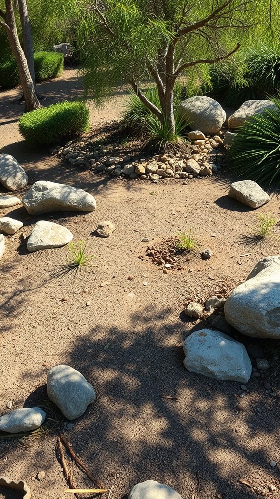 Dry garden with rocks and plants creating a microclimate.