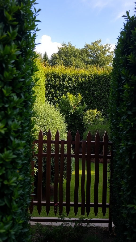 A view of a well-maintained garden with hedges and a wooden fence.