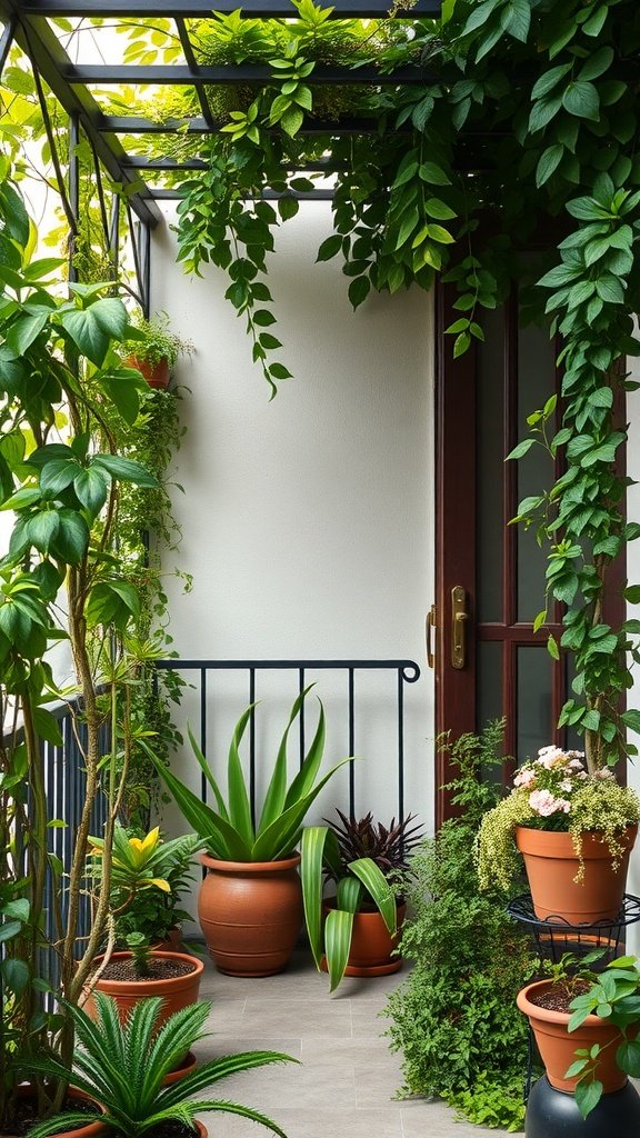 A green balcony garden filled with various plants in pots, creating a vibrant and private outdoor space.