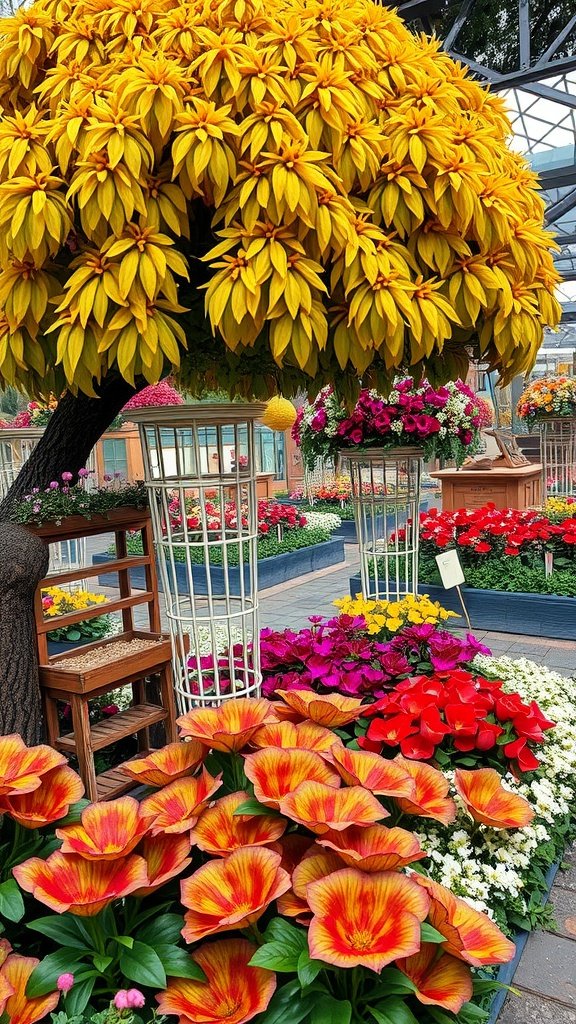 A vibrant garden display featuring a large yellow tree and colorful flowers in various arrangements.