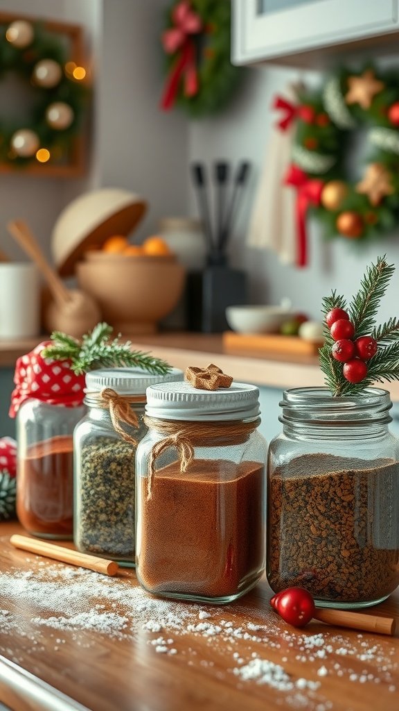 Jars filled with spices on a wooden table, decorated for the holidays with festive elements.