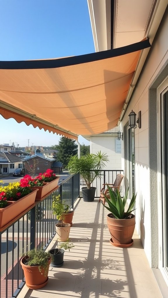 A balcony with an awning, colorful plant pots, and a cozy chair.