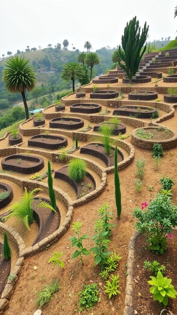 A beautifully designed terraced garden on a slope with various plants.