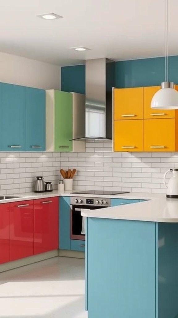 A kitchen featuring two-tone cabinets in red and teal