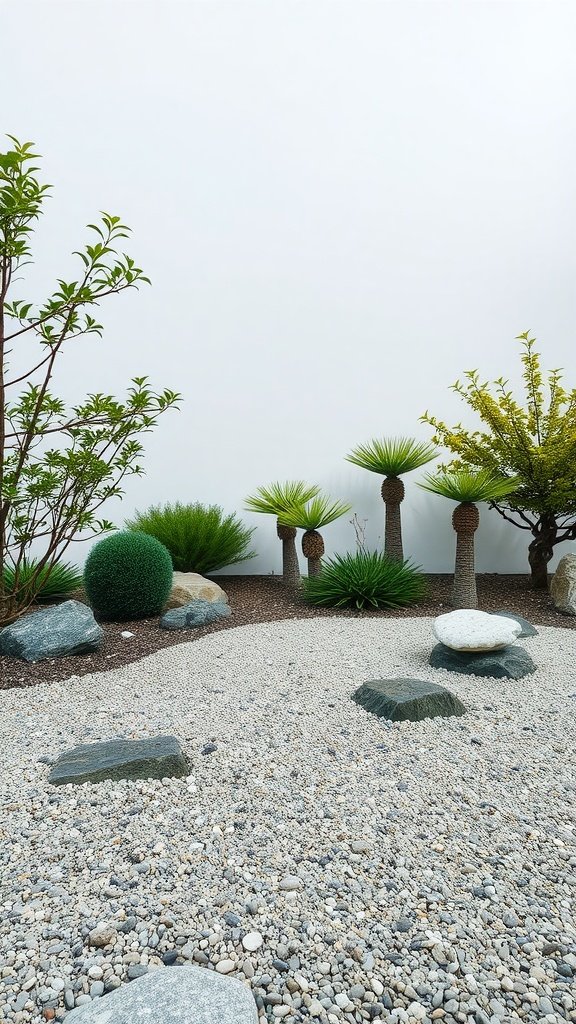 A serene Zen garden featuring white stones, various plants, and a minimalist design.