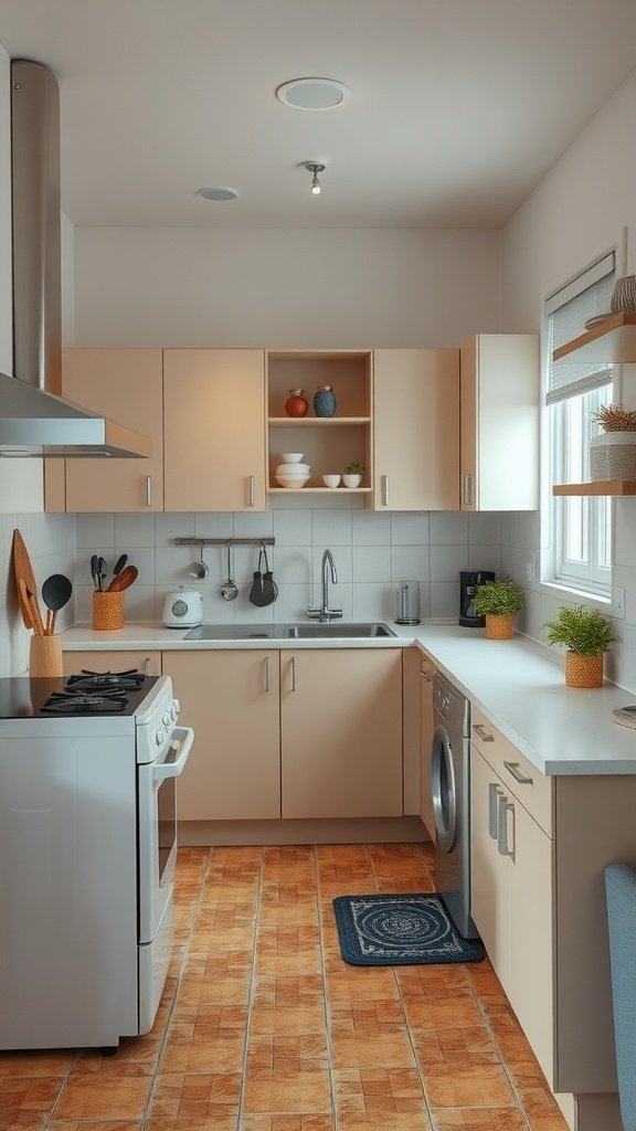 A cozy small kitchen with organized cooking and dining zones.