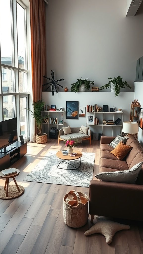 A cozy living room with distinct zones for relaxation, reading, and coffee.