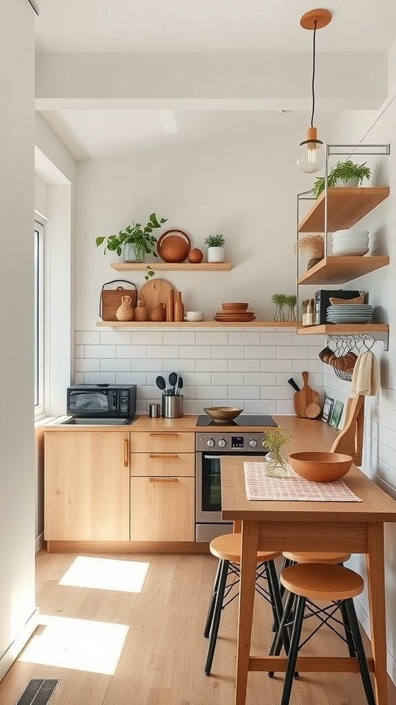 A cozy tiny kitchen with wooden shelves, a microwave, and a small dining table.