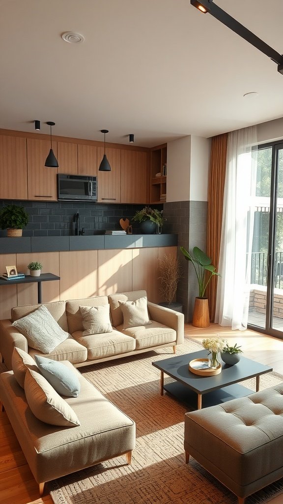 A cozy living room setup featuring a comfortable couch, potted plants, and a stylish desk with a computer.