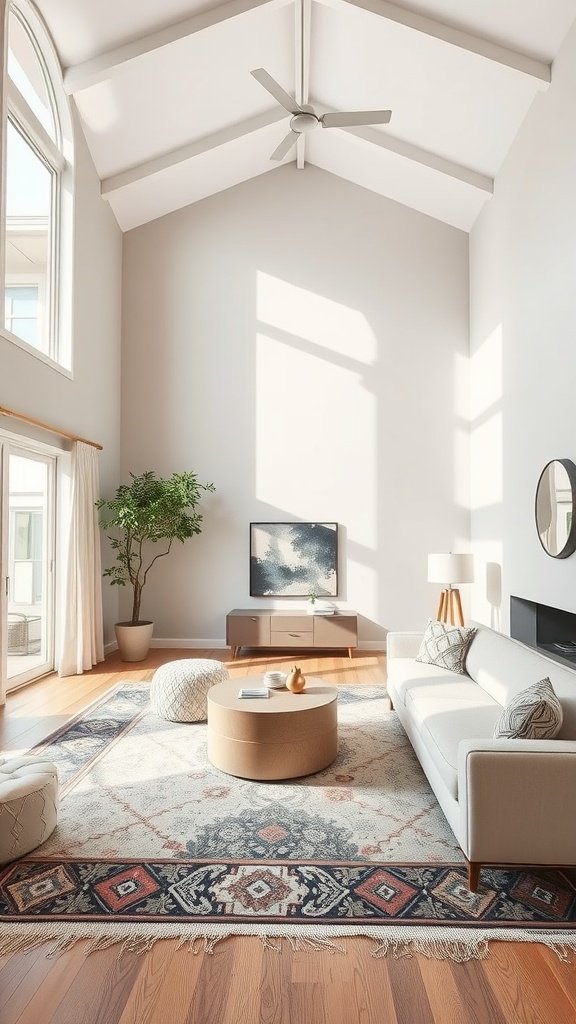 A spacious living room with a high ceiling featuring large windows, a cozy area rug, and modern furniture.