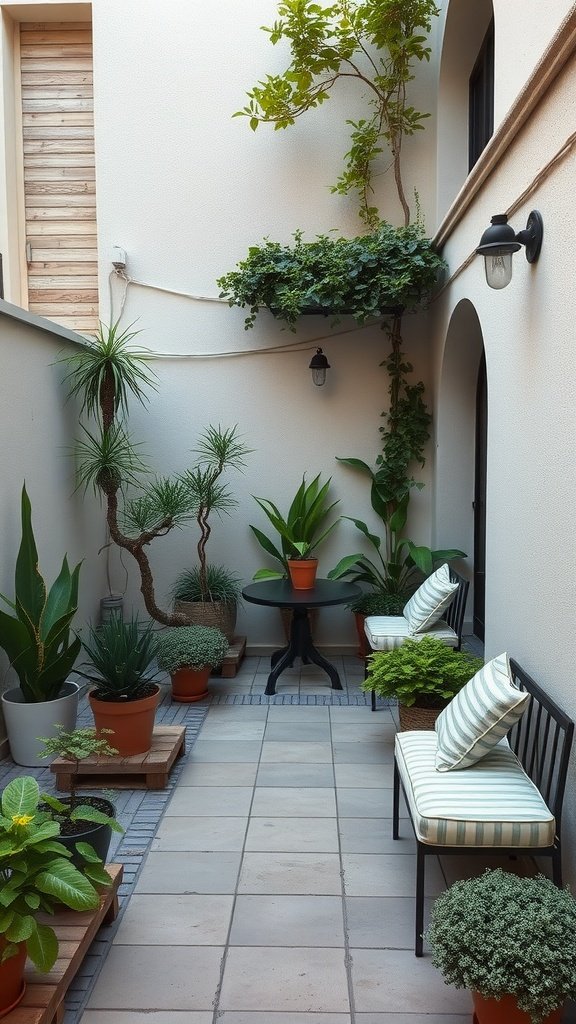 A small garden patio with planters and seating.
