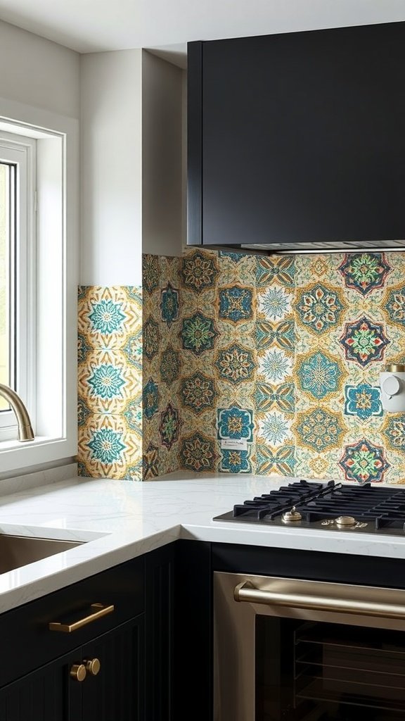 Colorful patterned backsplash in a modern kitchen