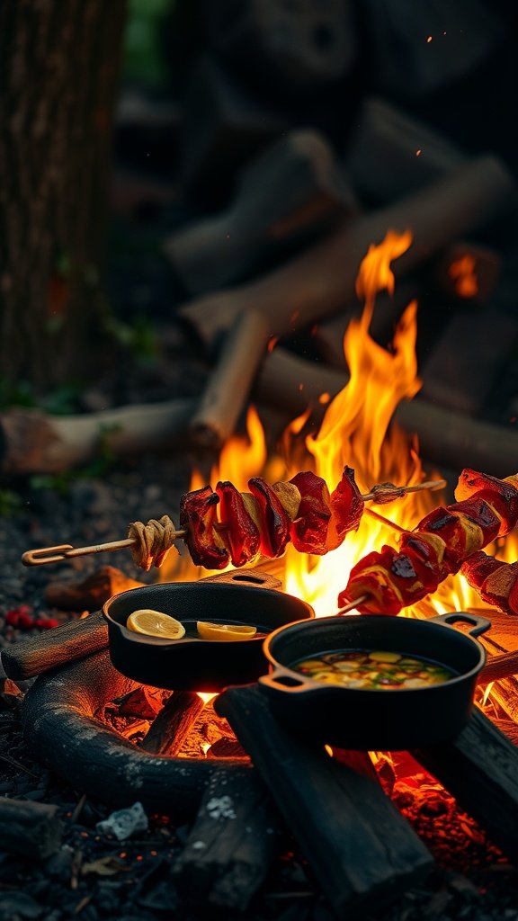 Skewers of vegetables and meats cooking over a campfire with a pot nearby.
