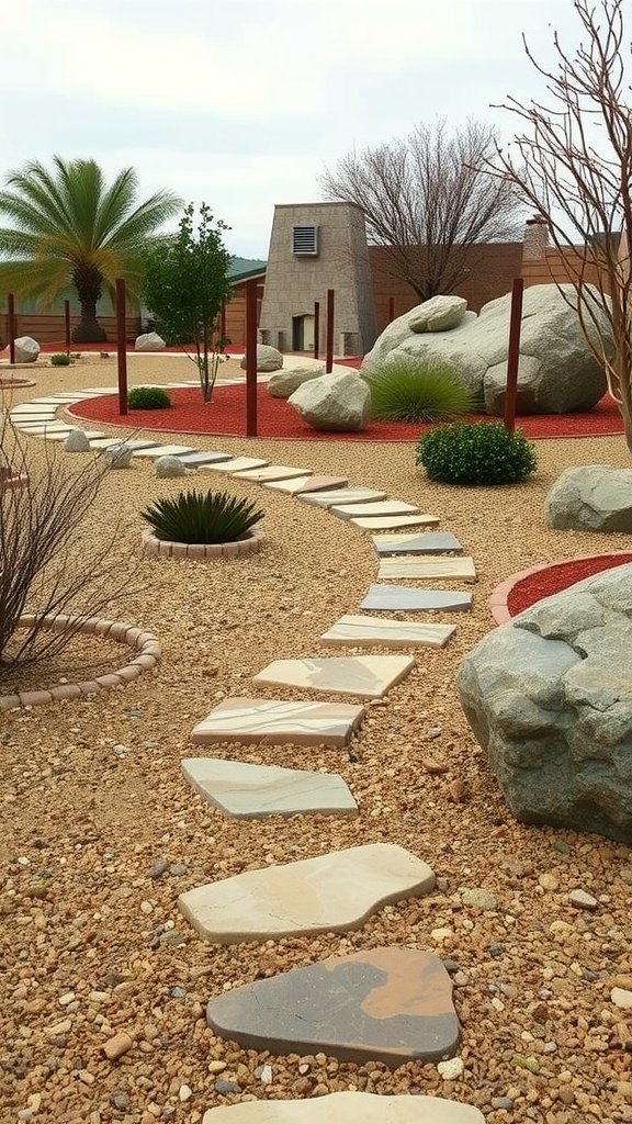 Dry garden featuring stepping stones, rocks, and succulents.
