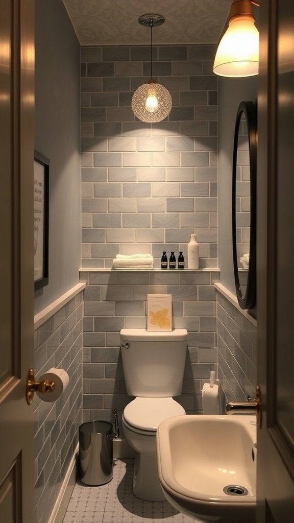 A cozy half bathroom with stylish pendant lighting and a mirror.