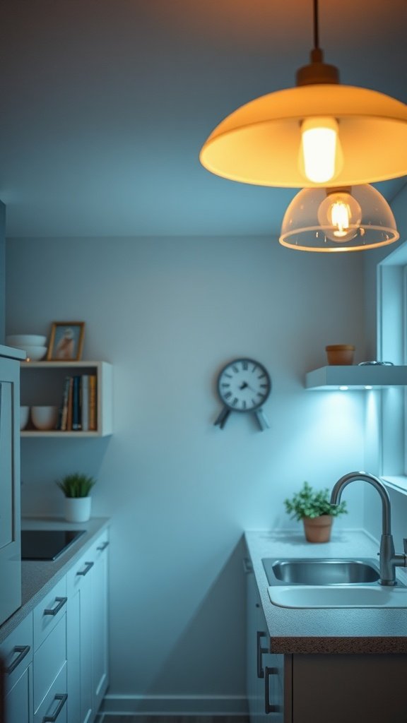 A small kitchen with creative lighting featuring a pendant lamp and modern decor.