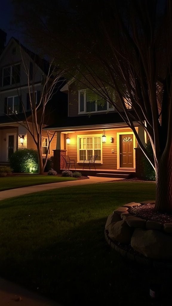 A well-lit front yard with soft lighting illuminating the house and surrounding landscaping at night.