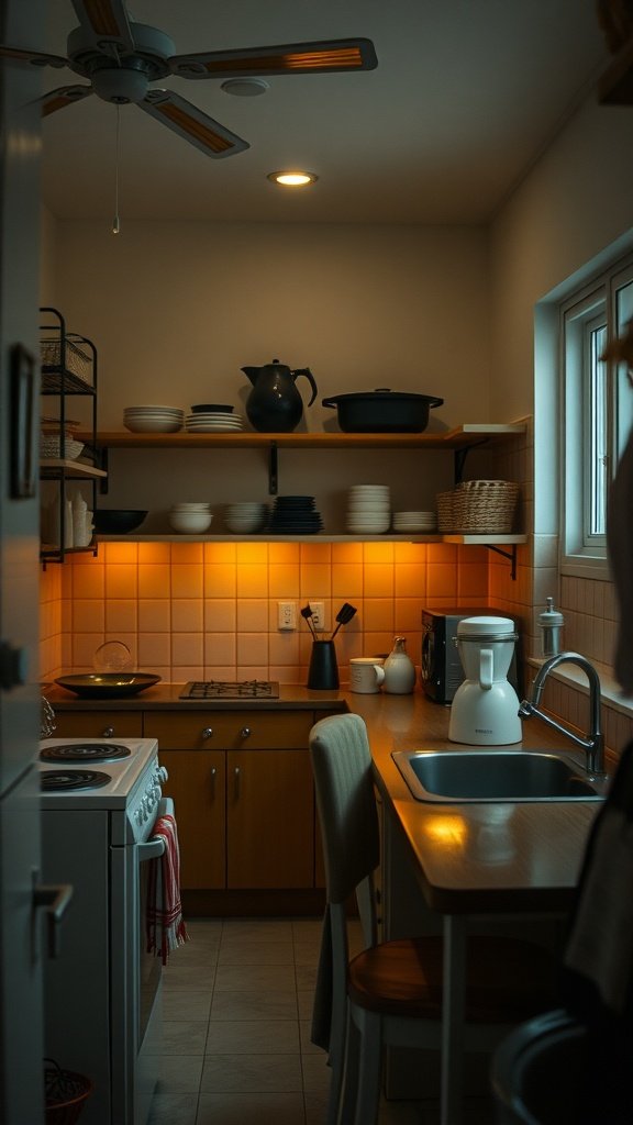 A small kitchen with warm lighting, showcasing organized shelves and modern appliances.
