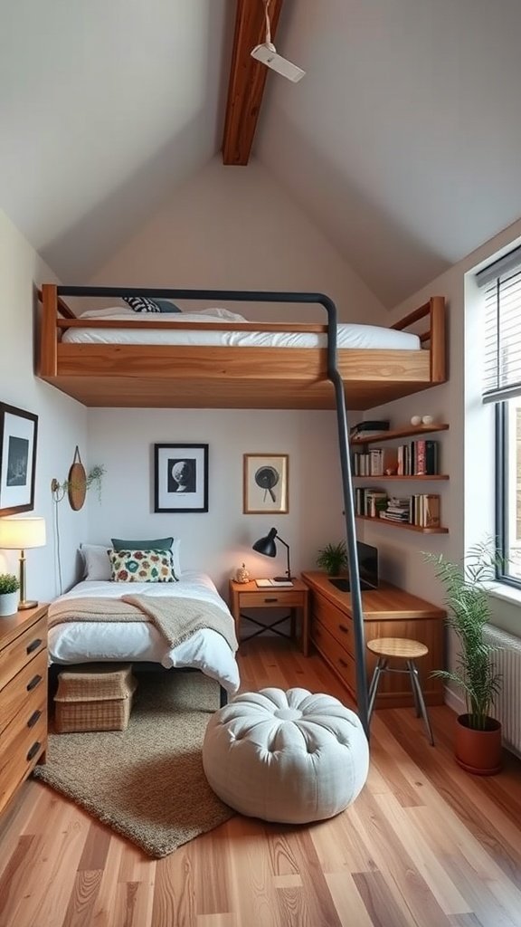 A cozy bedroom featuring a loft bed and a lower bed, showcasing creative space utilization.
