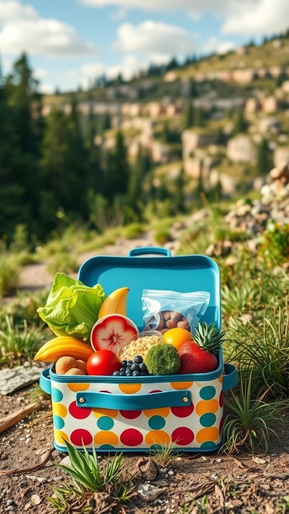 Colorful lunchbox filled with fruits and vegetables, set against a scenic outdoor backdrop.