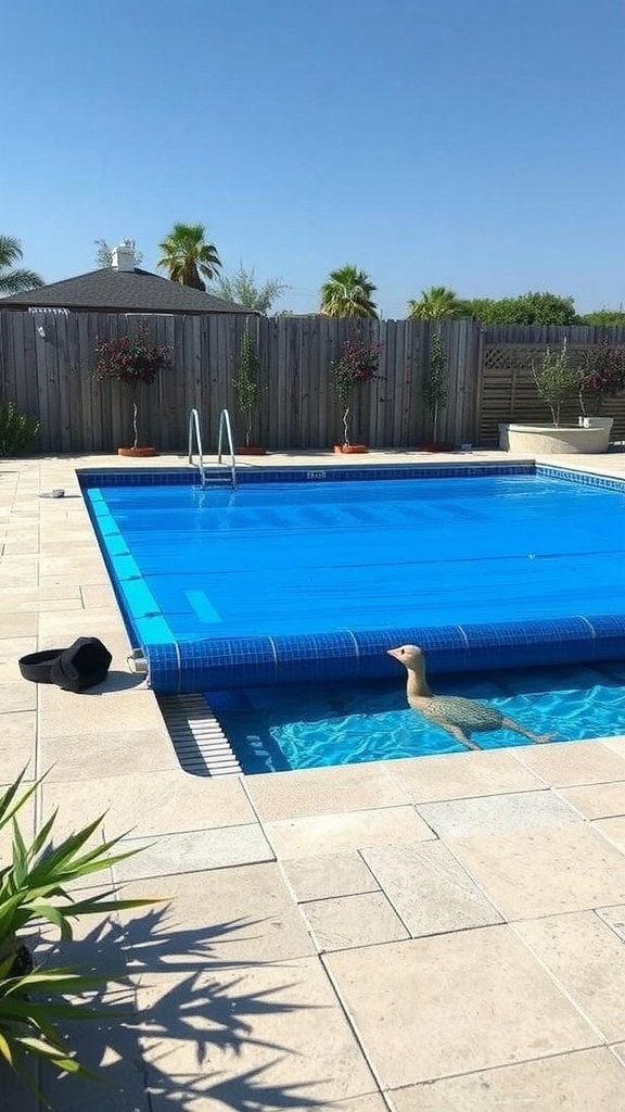 A plunge pool with a blue cover, surrounded by plants and a playful rubber duck.