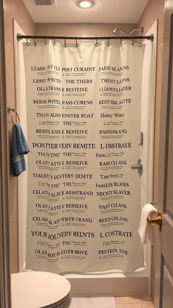A shower curtain with unique print in a small bathroom setting