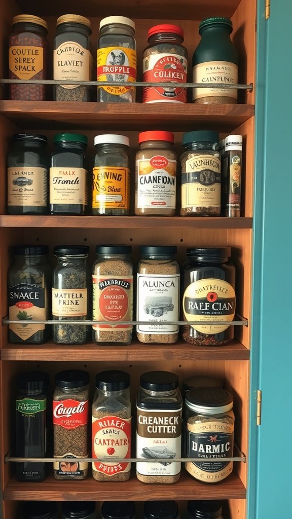 Well-organized spice rack with various jars and bottles, showcasing a mix of spices and herbs.