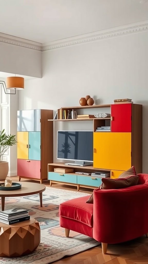 A colorful modern living room featuring a vibrant storage cabinet, cozy red couch, and light wood decor
