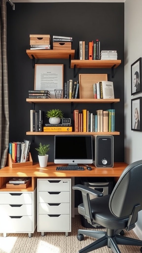A cozy small home office with wall-mounted shelves, a computer desk, and organized storage.