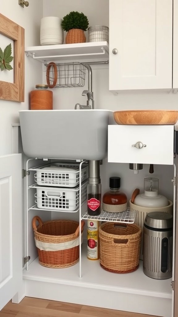 Organized under-sink storage with baskets and shelves.