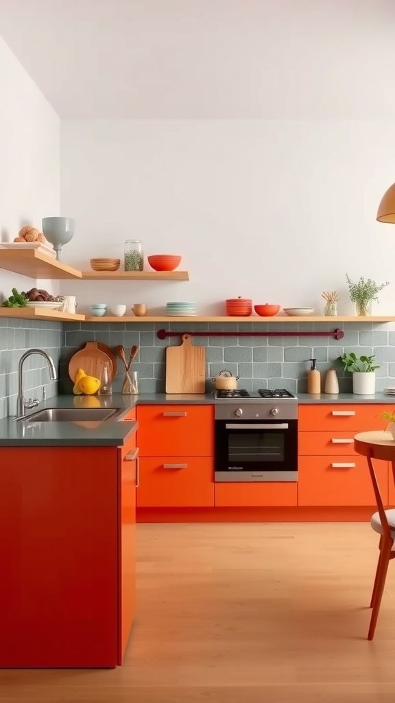 Bright orange kitchen with open shelves and a cheerful atmosphere.