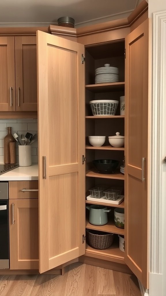 A corner cabinet with multiple shelves displaying various kitchenware, showcasing efficient use of space.