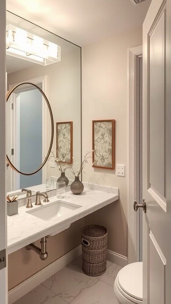 A small bathroom featuring a mirror above the sink and soft lighting.
