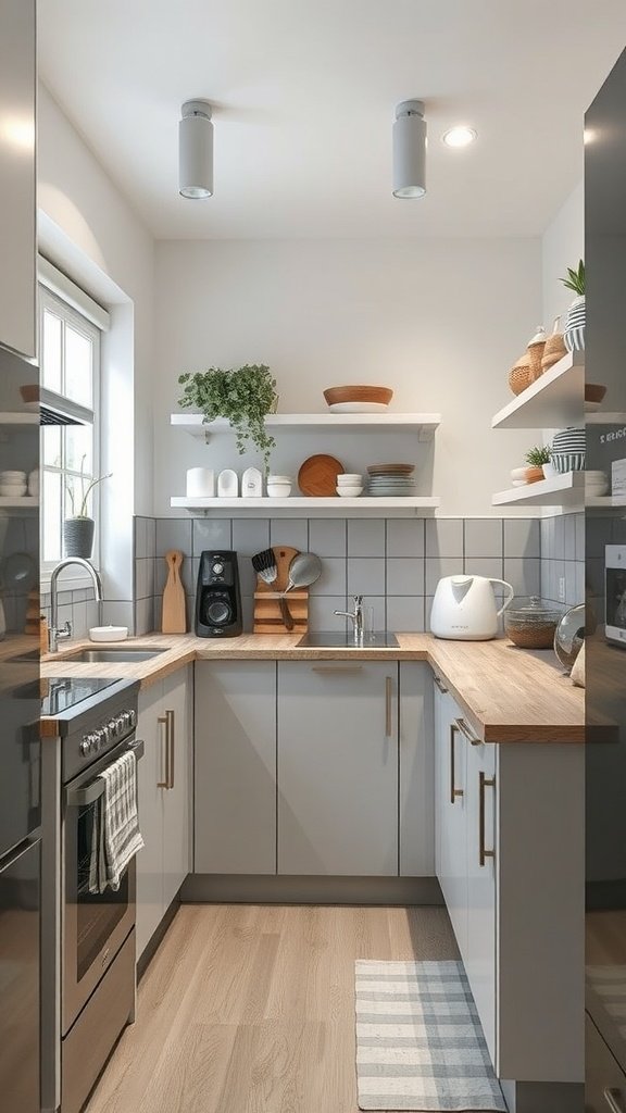 A modern small kitchen with open shelves, wooden countertops, and stylish decor.