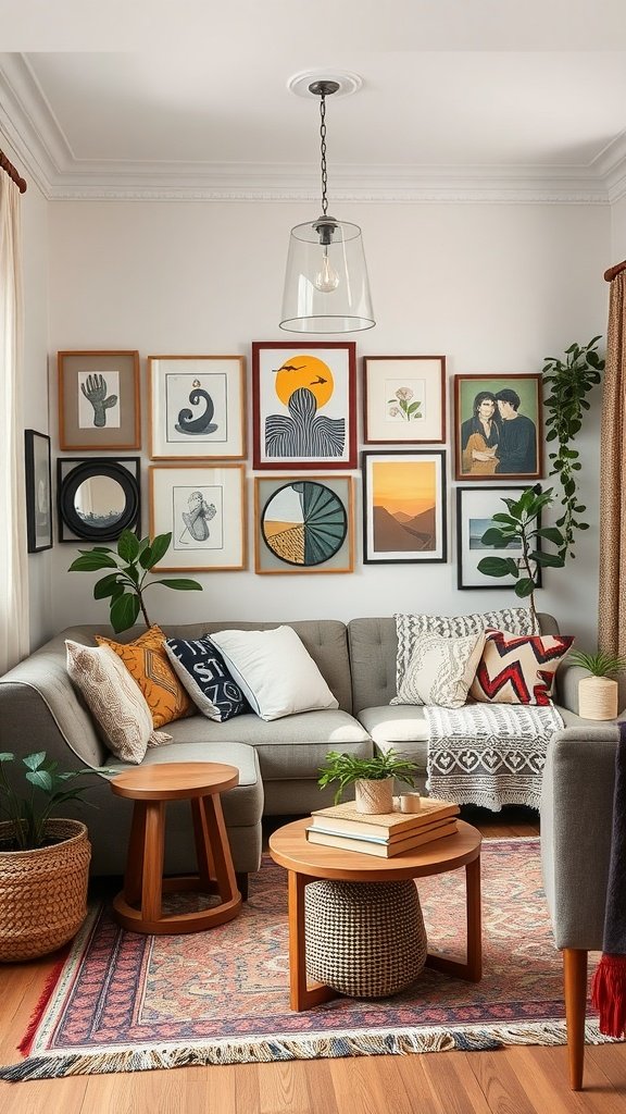 Colorful boho living room with a cozy couch and a gallery wall of art.